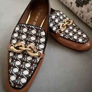 Tory Burch Brown, White & Black Logo Horsebit Loafers